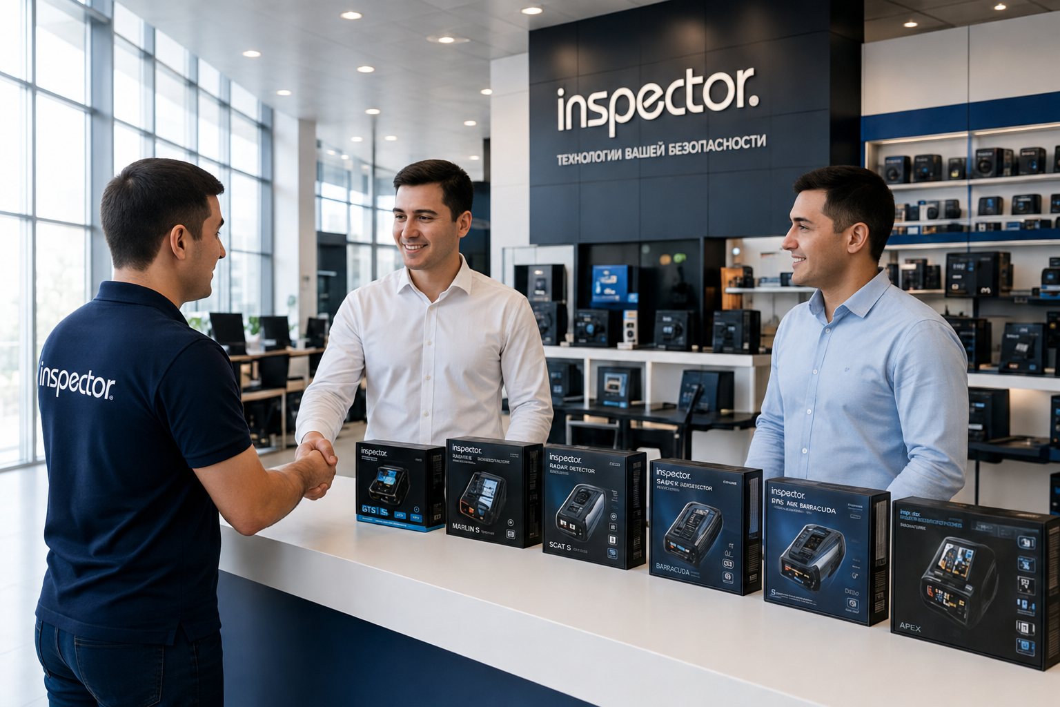 Партнёрство Inspector — рукопожатие в фирменном магазине